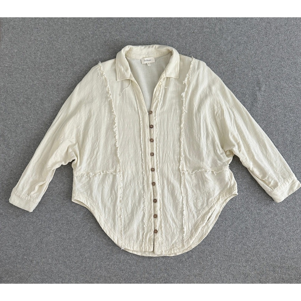 Bohme Button Shirt Medium Linen Relaxed Cream Frayed Shabby Boho Coastal Beach